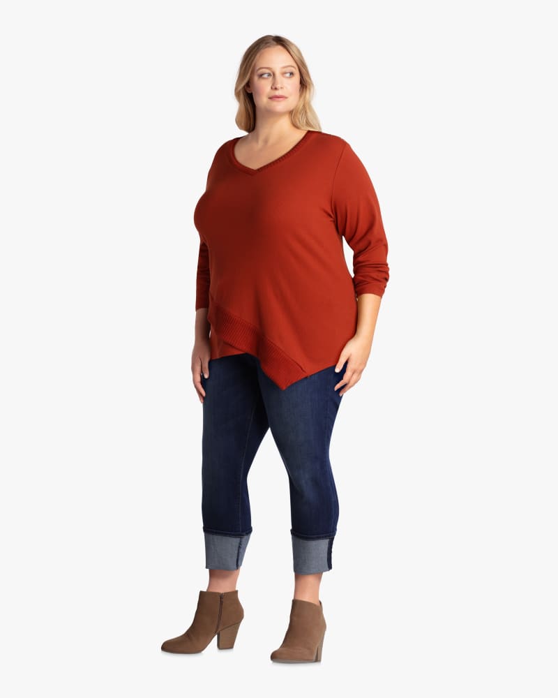 Plus size model with hourglass body shape wearing Hailey Asymmetrical Sweater by Rafaella | Dia&Co | dia_product_style_image_id:114465